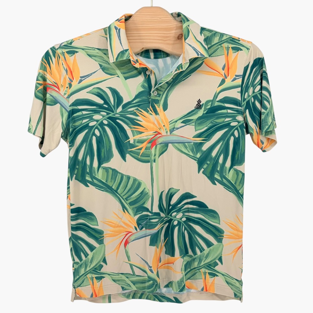Chubbies Performance Polo Large Tan Floral Bird of Paradise Tropical Golf Shirt